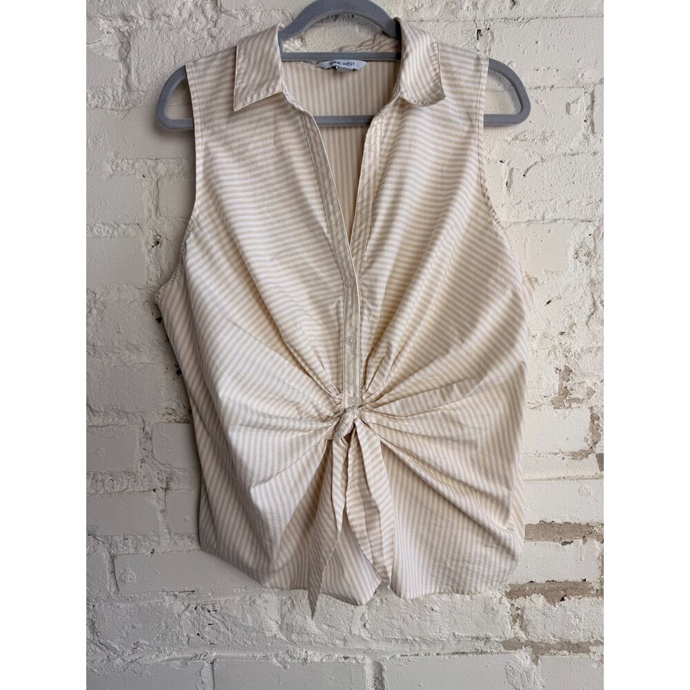 Nine West Beige White Striped Tie Front Sleeveless Blouse XXL Casual Top